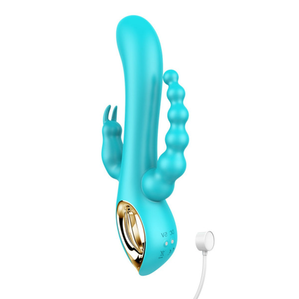 Vibromasseur rabbit  bleu  avec chapelet vibrant 